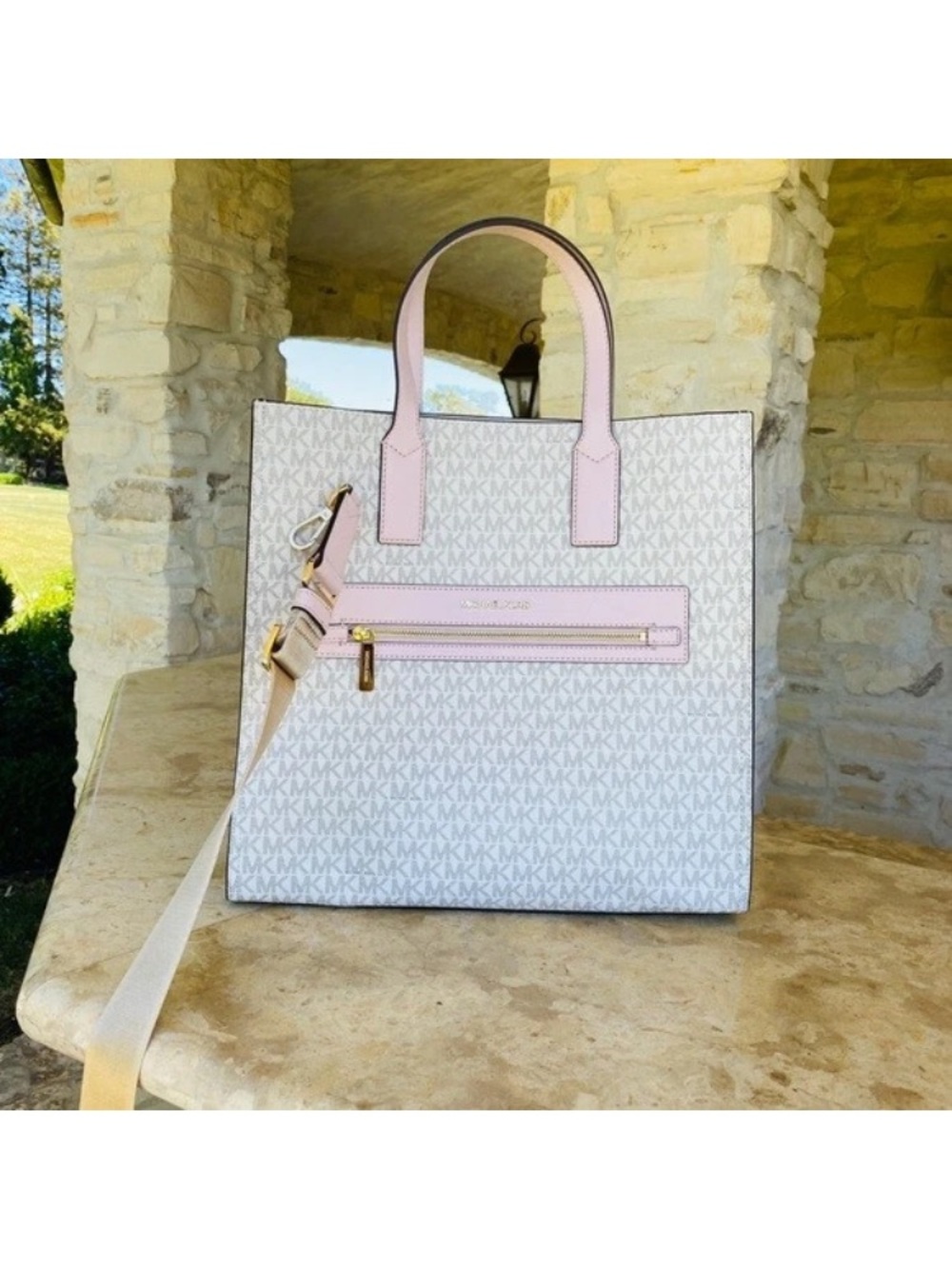 Michael Kors White and Pale Pink Signature Tote with Detachable Strap